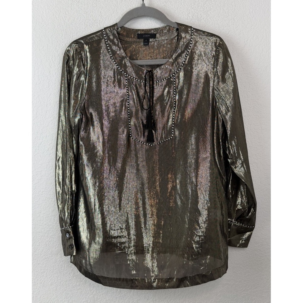 J.Crew Metallic Silk Blend Tunic Blouse Gold Shimmer Tassel Sz 2 Party Cocktail